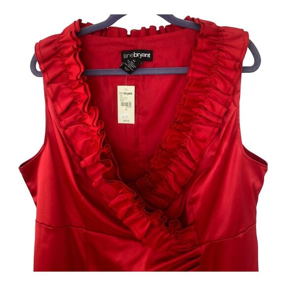Lane Bryant NWT Silky Red Satin Ruffle Deep V-Neck Pleated Cocktail Dress Sz 22 - Picture 2 of 10